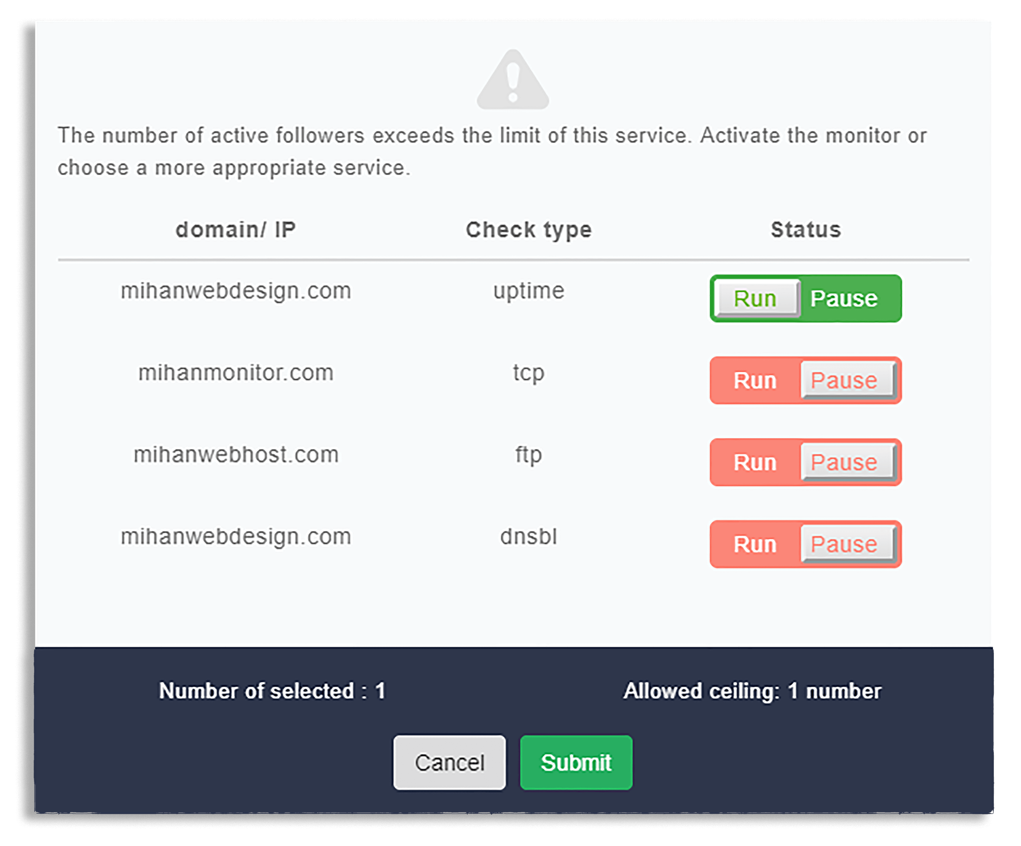 Buy or change service on the Mihan Monitor